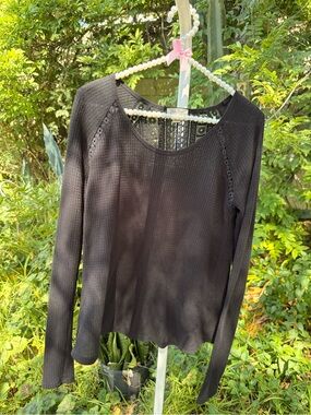 Lucky Brand Black Long-Sleeve Cotton Thermal Top with Lace Back Panel